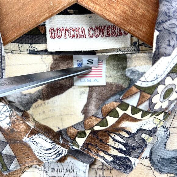 Vintage 90s Gotcha Covered Khaki 100% Cotton Safari Animal Button Down Shirt - Picture 7 of 9